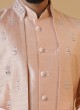 Mirror Embroidered Peach Nehru Jacket Set For Men